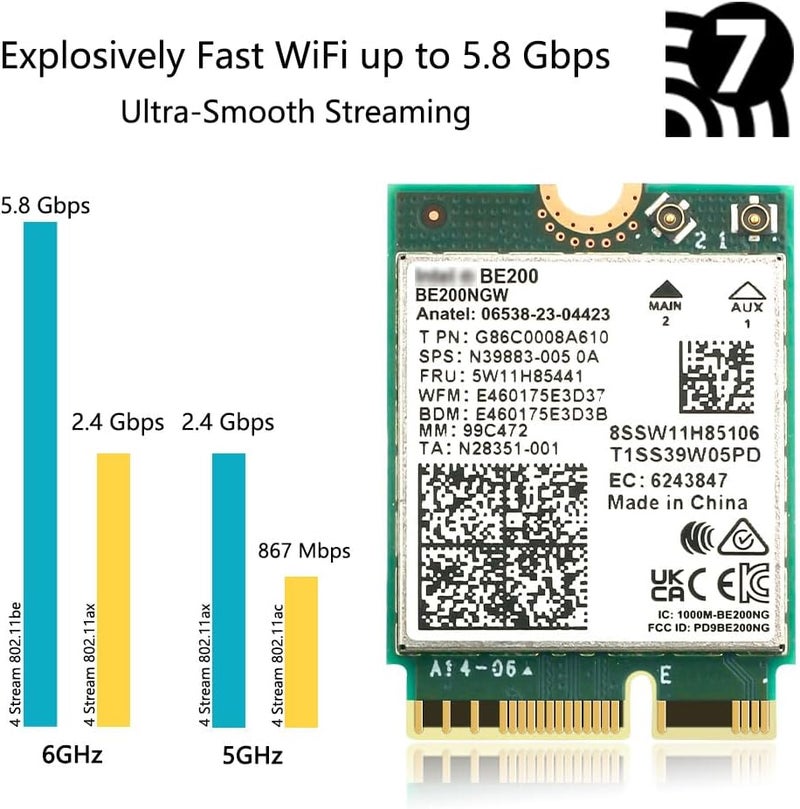 REKONG بطاقة WiFi 7 BE200 M.2 مفتاح E ثلاثية النطاق 6GHz/5GHz/2.4GHz تصل إلى 5.8Gbps متوافقة مع BT 5.4 مع أجهزة توجيه WiFi 7/6E/6/5 لنظام Windows 10/11 (غير مدعوم على لوحات أم AMD) - Image 3